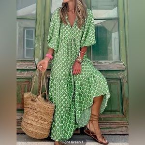 Vacation Tiered Maxi Dress, Lace Up Neckline Casual Dress, Women's Clothing